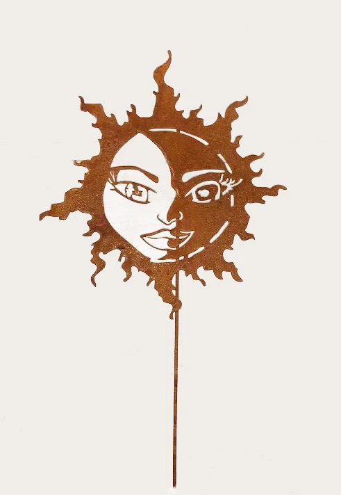 Sun Moon Garden Stake metal yard ornament by Rustica Ornamentals, rust finish on Tampa Home & Garden Store