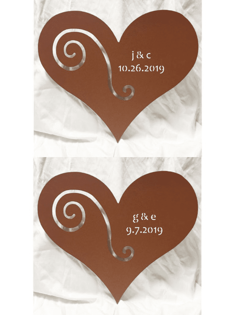 Custom heart metal sign by Rustica Ornamentals with swirl cutout and initials two on Tampa Home & Garden Store