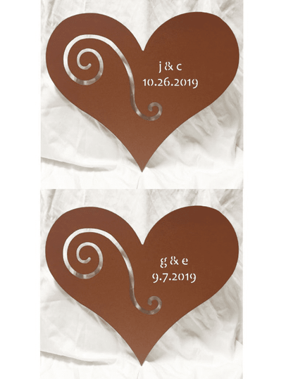 Custom heart metal sign by Rustica Ornamentals with swirl cutout and initials two on Tampa Home & Garden Store