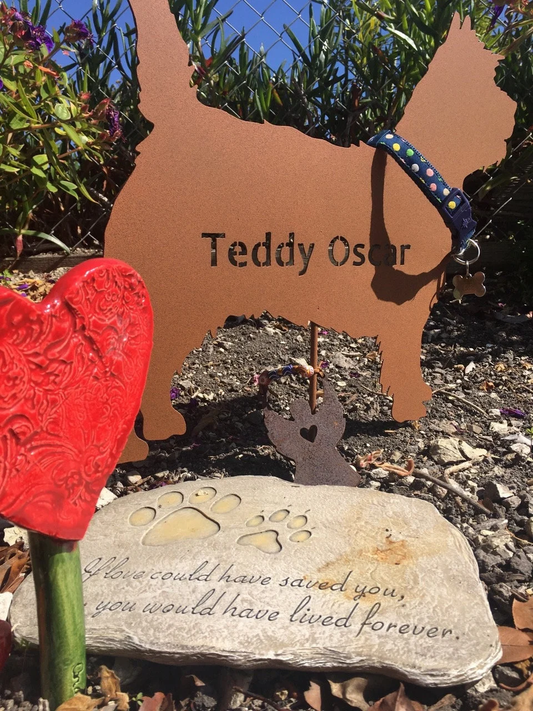 Cairn Terrier garden stake silhouette in rust metal with blue polka-dot collar Teddy Oscar on Tampa Home & Garden Store