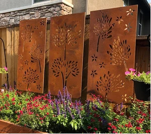 Rust-colored outdoor metal privacy panels with tree cutouts; 4-panel set by Rustica Ornamentals on Tampa Home & Garden Store