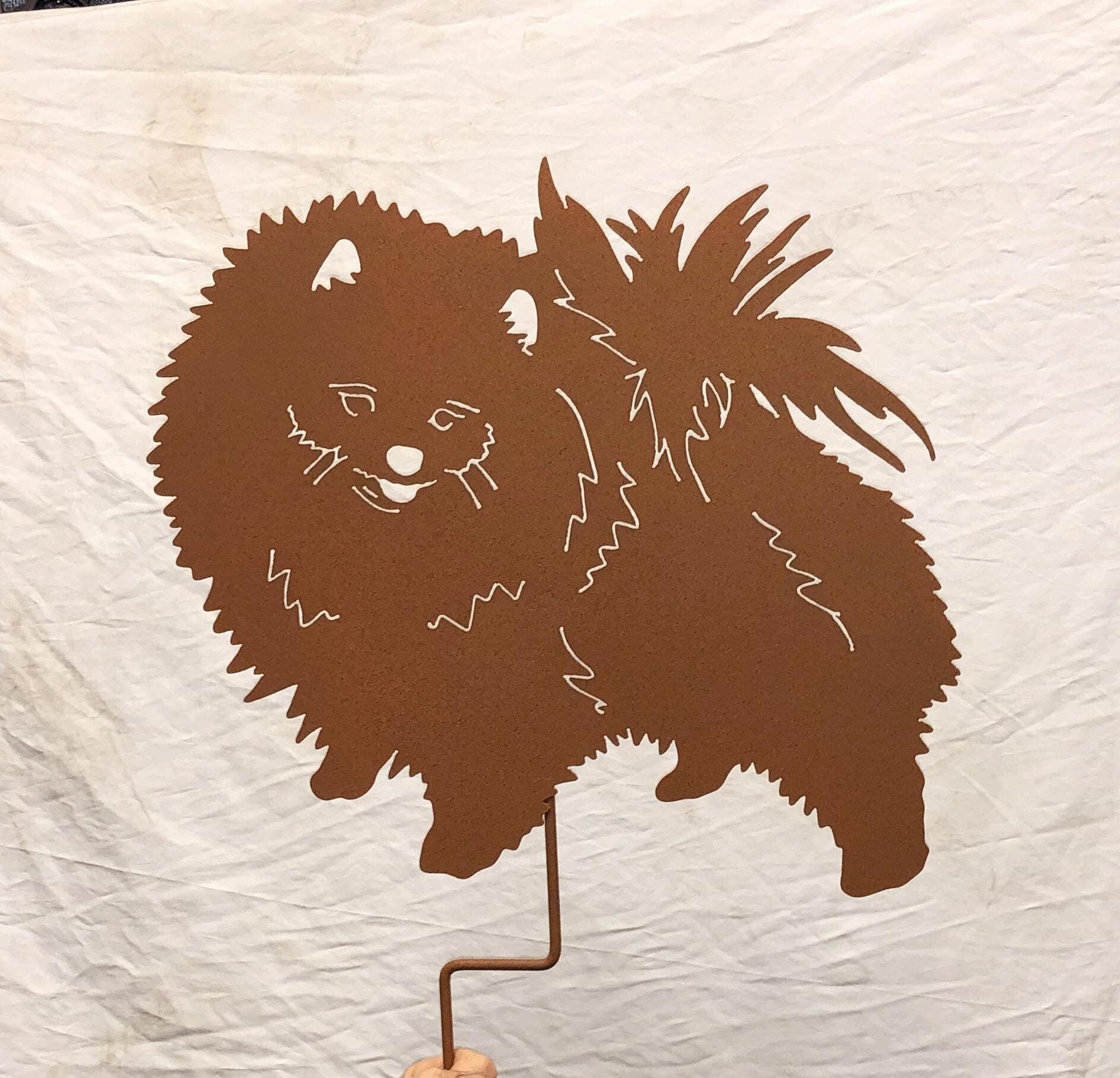 Pomeranian garden stake wall hanging, pair of fluffy dogs in rusty brown metal on Tampa Home & Garden Store