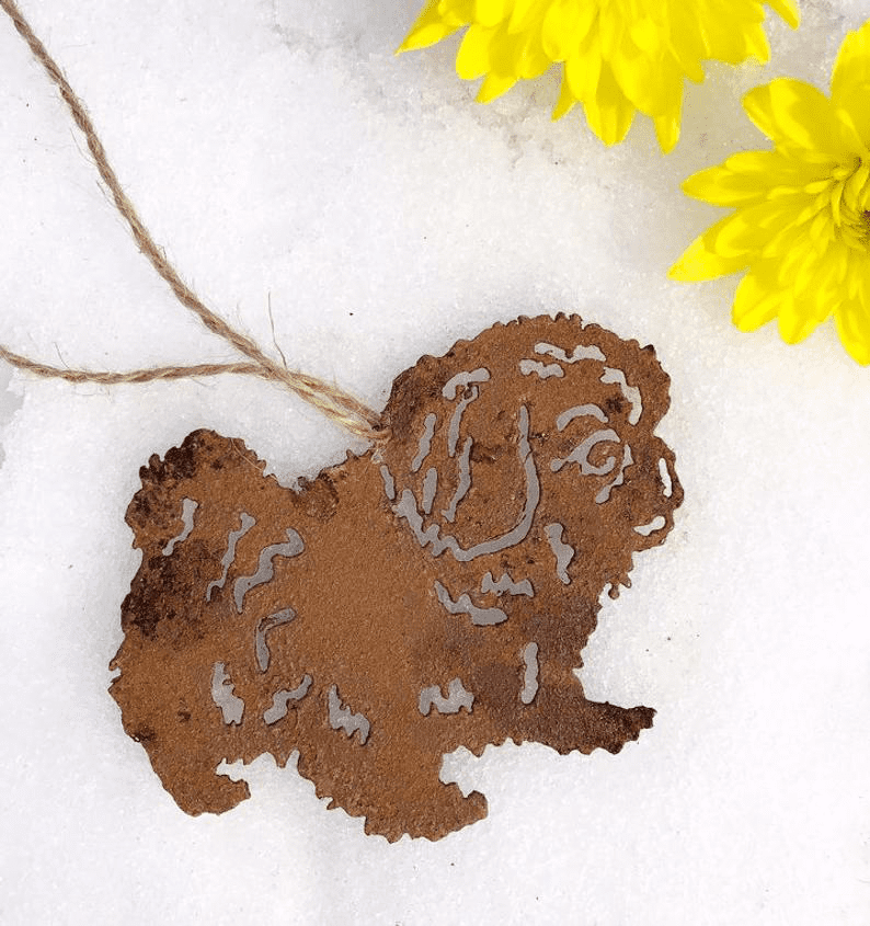 Pekingese dog plant stake rust metal finish Rustica Ornamentals lawn ornaments on Tampa Home & Garden Store