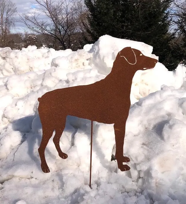 Doberman Pinscher garden stake rust-colored metal silhouette in snow, Rustica Ornamentals on Tampa Home & Garden Store