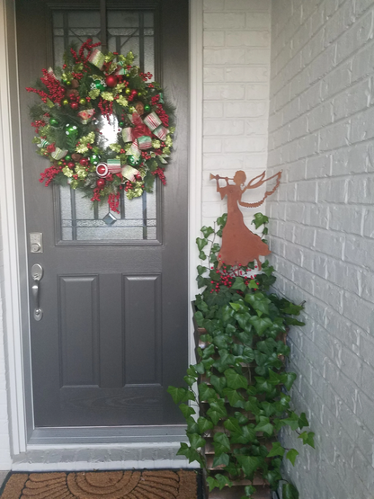 Angel Garden Stake or Wall Art copper by Rustica Ornamentals beside a wreath on door two items on Tampa Home & Garden Store