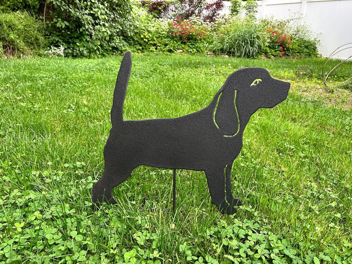 Beagle garden stake sculpture in black metal, Rustica Ornamentals standing hound dog for yard on Tampa Home & Garden Store