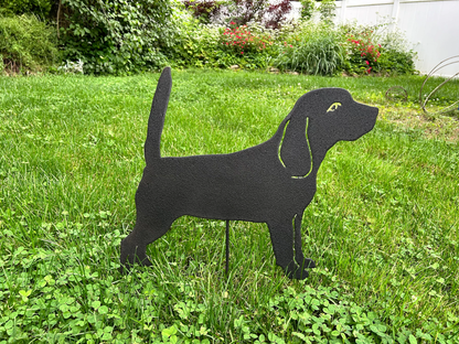 Beagle garden stake sculpture in black metal, Rustica Ornamentals standing hound dog for yard on Tampa Home & Garden Store