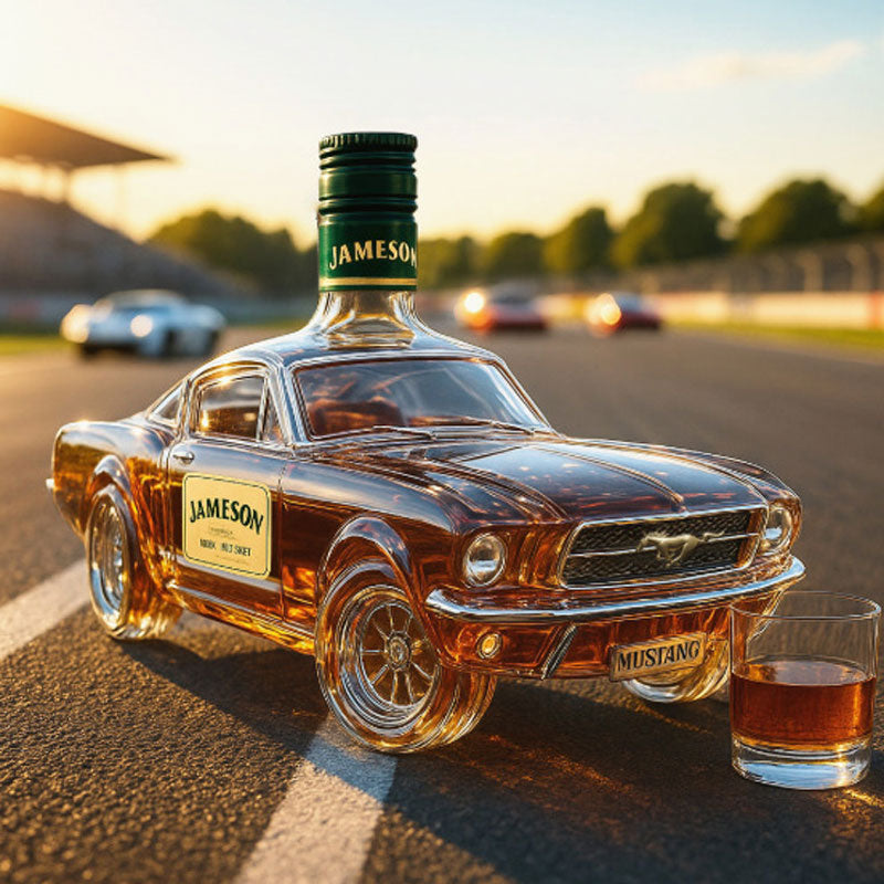 Mustang Car Whiskey Decanter clear glass with Jameson branding and amber liquor on Tampa Home & Garden Store