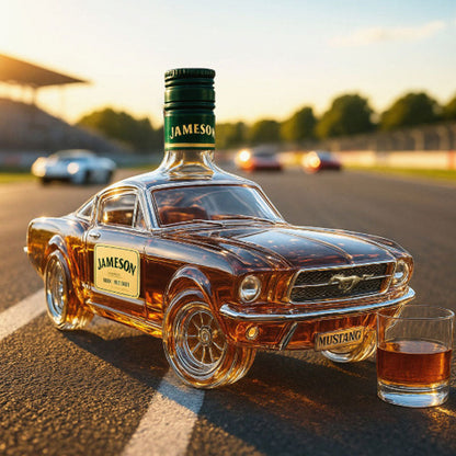 Mustang Car Whiskey Decanter clear glass with Jameson branding and amber liquor on Tampa Home & Garden Store