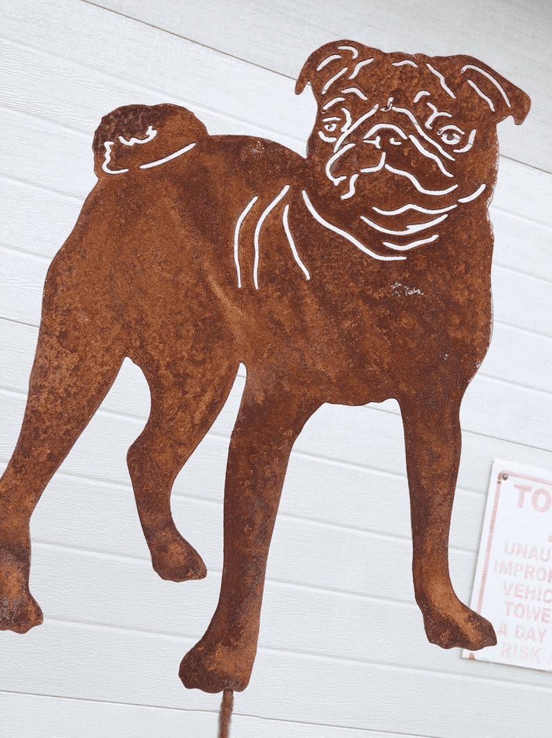 Pug garden stake or wall hanging, rust metal silhouette by Rustica Ornamentals for lawn decor on Tampa Home & Garden Store