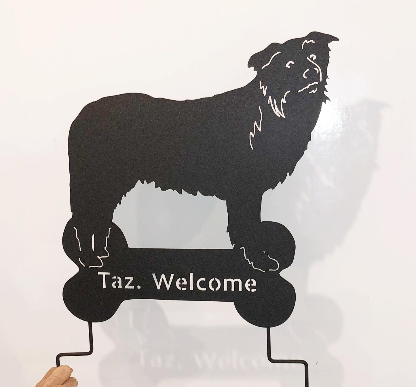 Border Collie garden stake silhouette, style 2, black metal lawn ornament with welcome text on Tampa Home & Garden Store