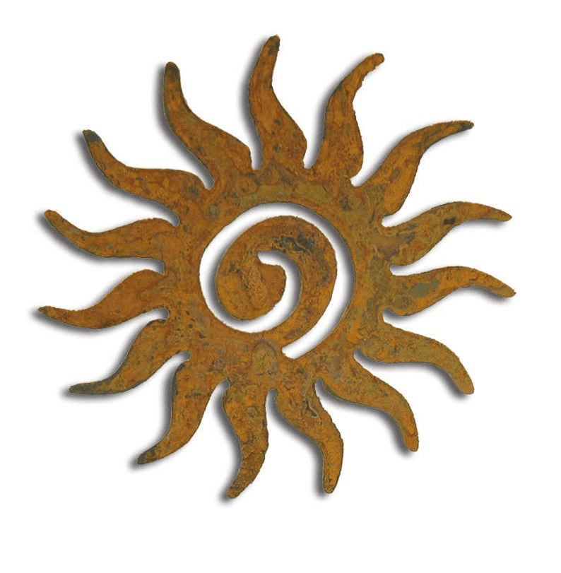 Sun metal wall art in rust orange with spiral center by Rustica Ornamentals on Tampa Home & Garden Store