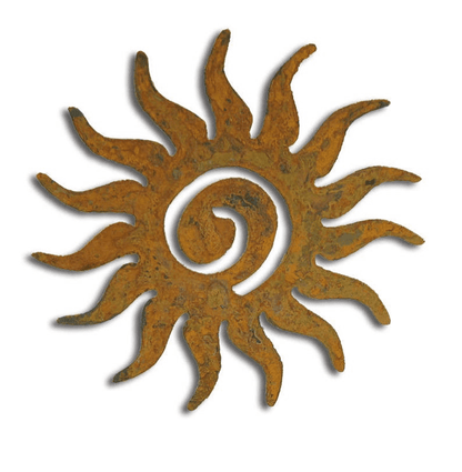 Sun metal wall art in rust orange with spiral center by Rustica Ornamentals on Tampa Home & Garden Store