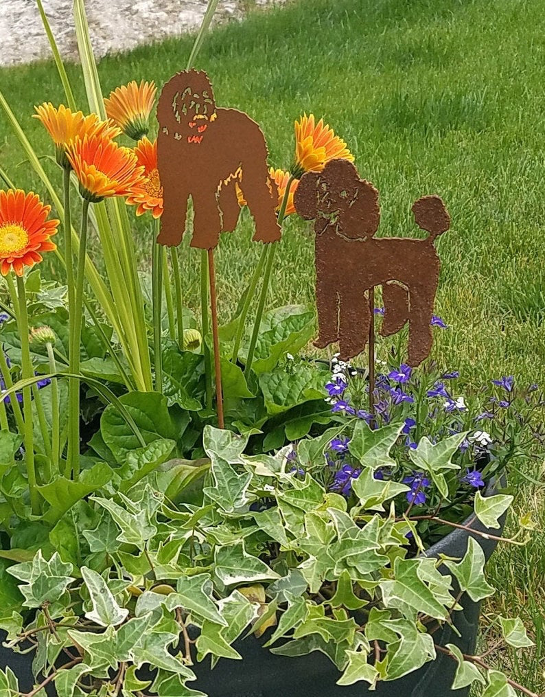 Labradoodle plant stakes by Rustica Ornamentals in a planter with orange gerbera daisies on Tampa Home & Garden Store