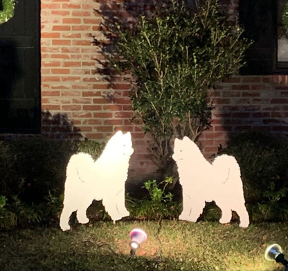 Samoyed garden stake figures in white metal Rustica Ornamentals lawn ornament pair on Tampa Home & Garden Store
