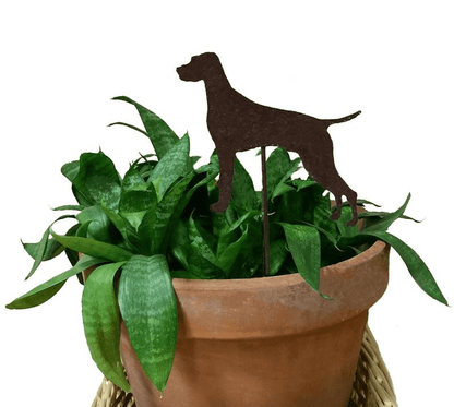 Vizsla plant stake by Rustica Ornamentals, brown metal silhouette in pot with green leaves on Tampa Home & Garden Store