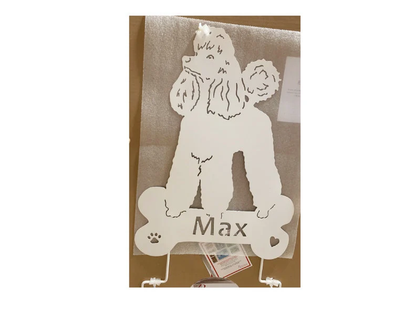 Metal poodle lawn sculpture in white with bone base and Max name plaque Rustica Ornamentals on Tampa Home & Garden Store