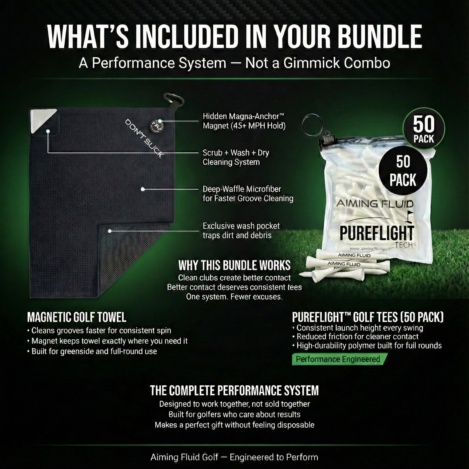 Don’t Suck magnetic golf towel + 50-pack PureFlight tees; black towel with Magna-Anchor magnet on Tampa Home & Garden Store
