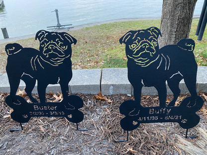 Pug garden stake set in black metal; two pug silhouettes for lawn decor Rustica Ornamentals on Tampa Home & Garden Store