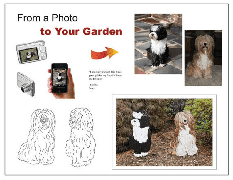 Keeshond plant stake pair for garden by Rustica Ornamentals, black/white and tan dogs on Tampa Home & Garden Store