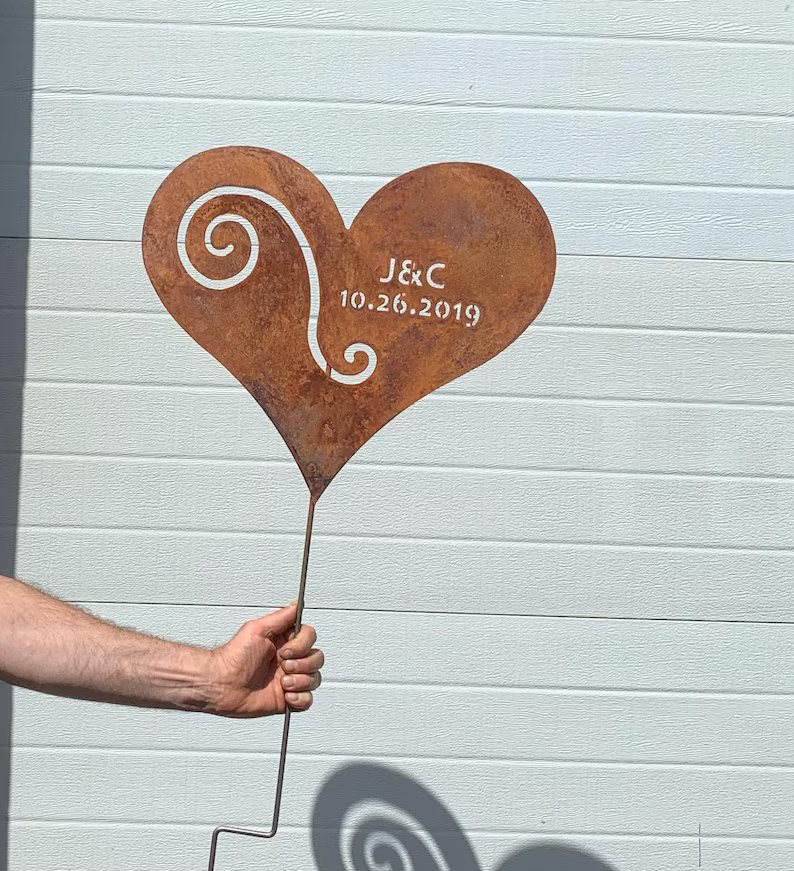 Heart garden stake of rusted metal with swirl, engraved J&C 10.26.2019, Rustica Ornamentals on Tampa Home & Garden Store