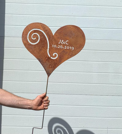 Heart garden stake of rusted metal with swirl, engraved J&C 10.26.2019, Rustica Ornamentals on Tampa Home & Garden Store
