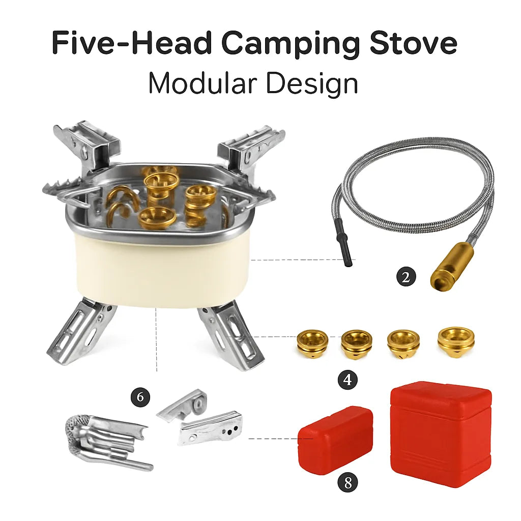 GemGear five-head portable camping stove with windproof burners and piezo ignition on Tampa Home & Garden Store