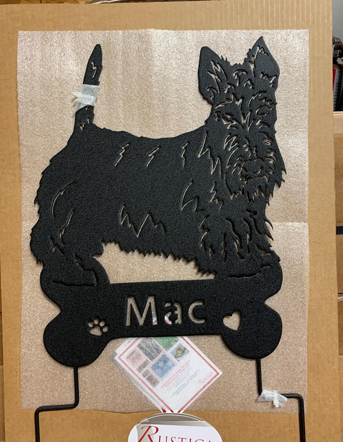 Scottish Terrier stake silhouette in black metal by Rustica Ornamentals with paw print on Tampa Home & Garden Store