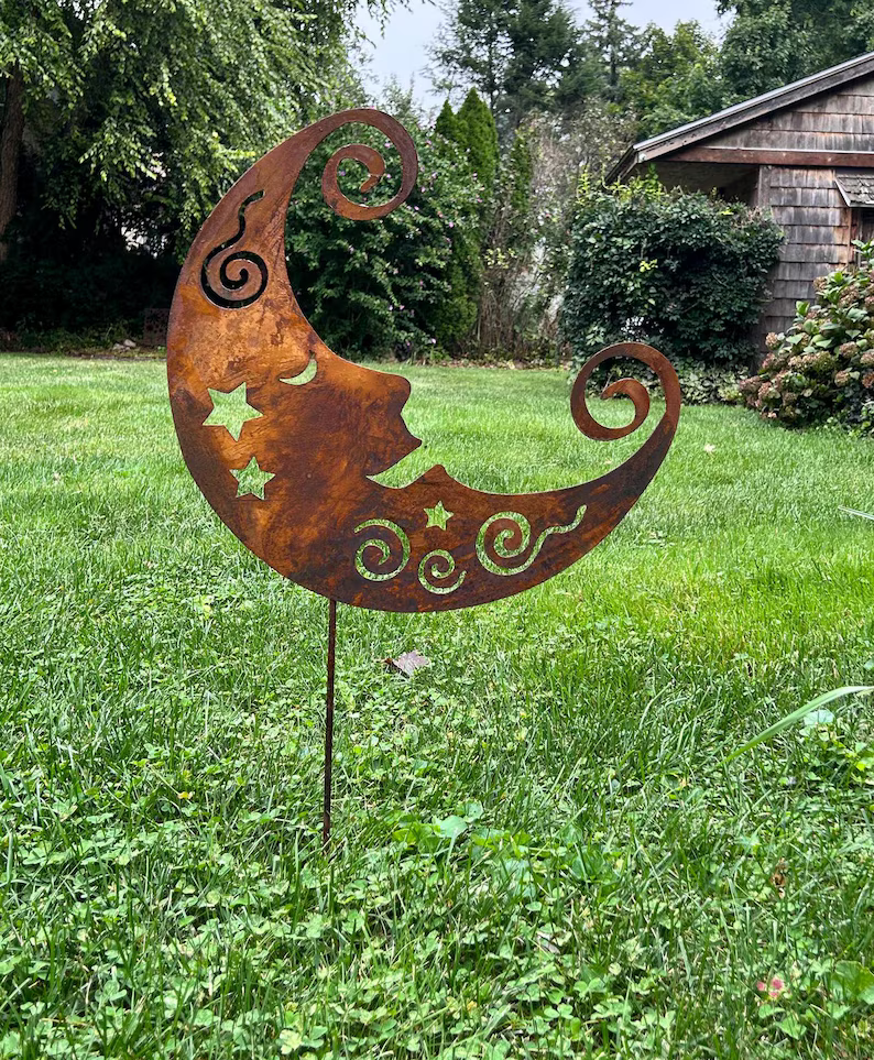 Metal Moon Wall Art by Rustica Ornamentals, rusted crescent moon with stars on a garden stake on Tampa Home & Garden Store