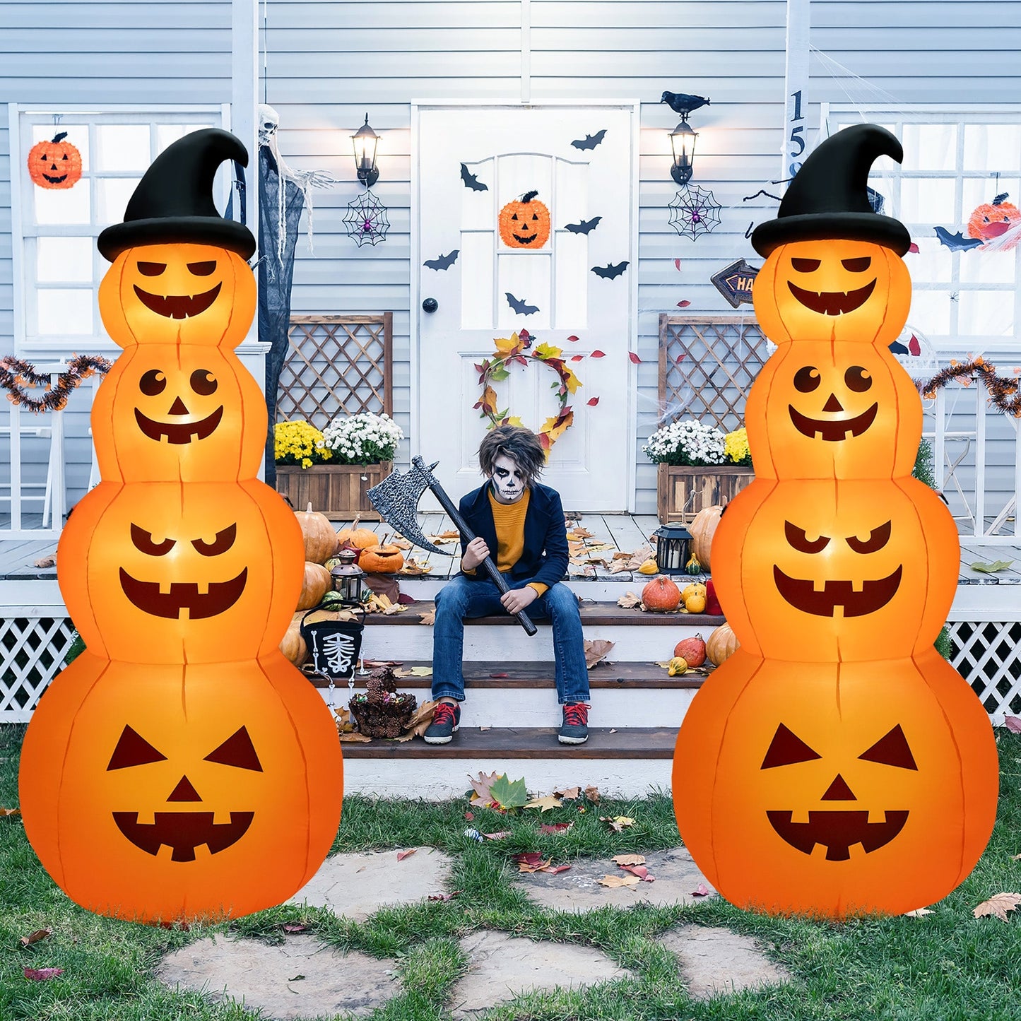 8 ft inflatable Halloween pumpkin stack with LED lights, DirectDeals, twin orange pumpkins on Tampa Home & Garden Store
