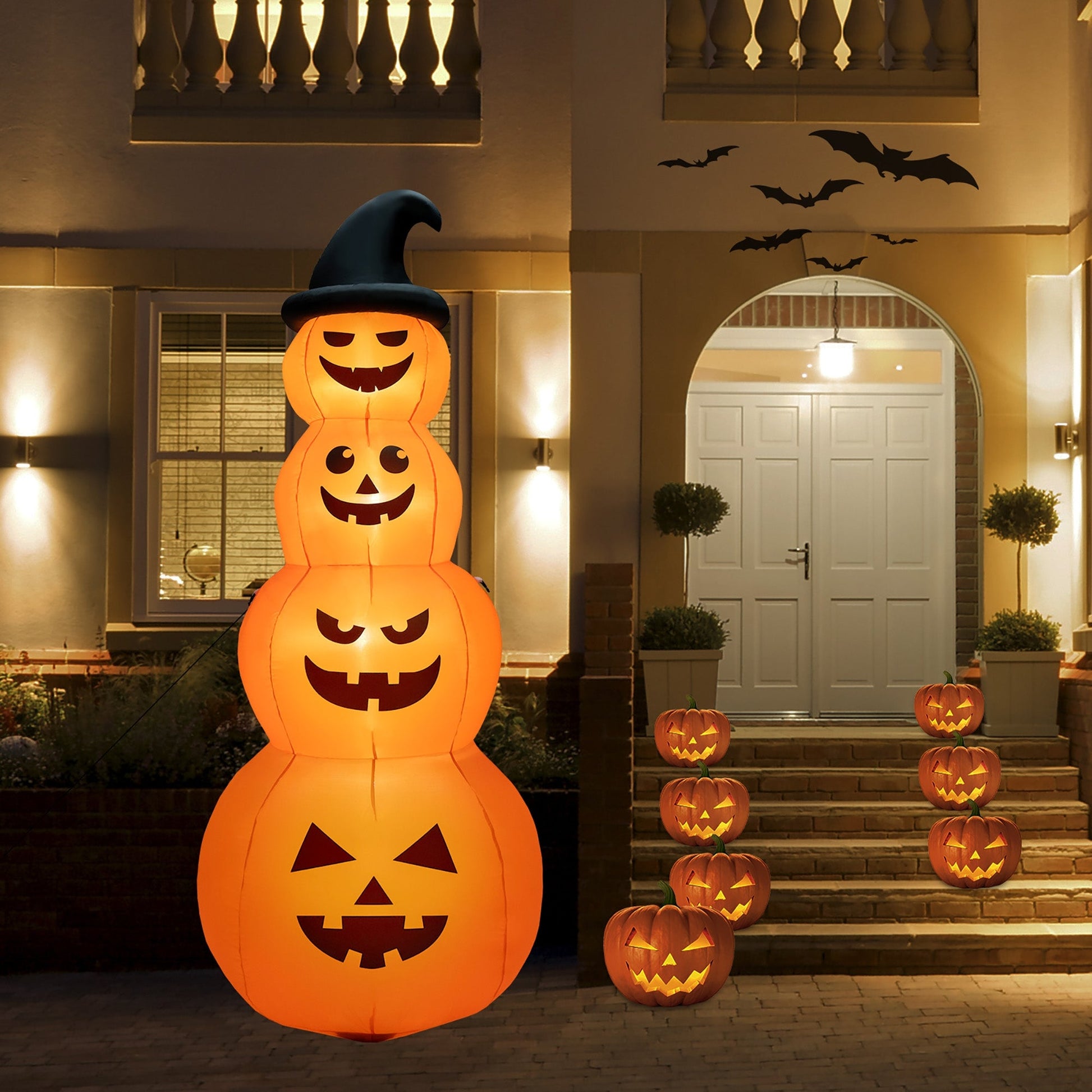 8 ft inflatable Halloween pumpkin stack; LED-lit 3-tier tower with carved faces and pumpkins on Tampa Home & Garden Store