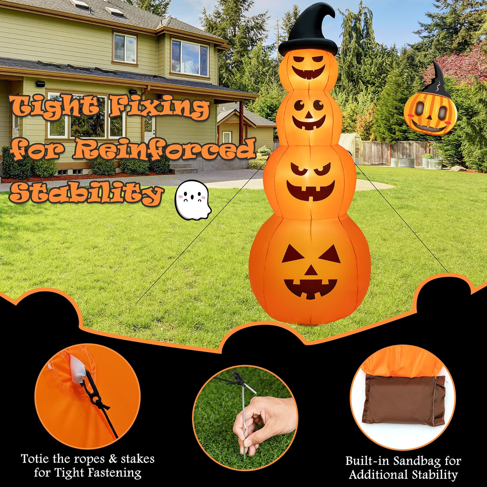 8 ft inflatable Halloween pumpkins stack with built-in LED lights by DirectDeals, tall jack-o'-lantern display on Tampa Home & Garden Store