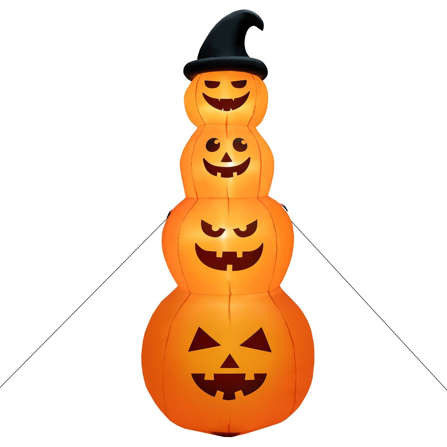 8 ft inflatable Halloween pumpkin stack with built-in LED lights, orange pumpkins stacked with a witch hat on Tampa Home & Garden Store