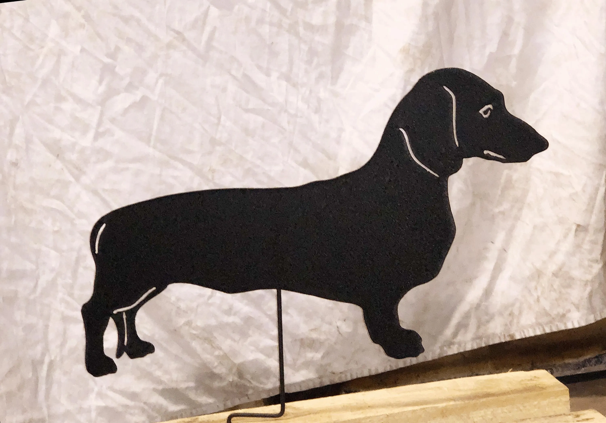Dachshund statue wall art silhouette in black metal, Rustica Ornamentals lawn ornament on Tampa Home & Garden Store