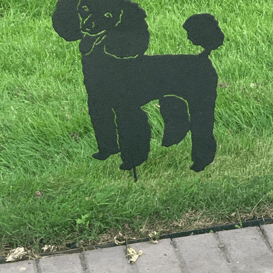 Poodle garden stake silhouette, black metal lawn ornament by Rustica Ornamentals on Tampa Home & Garden Store