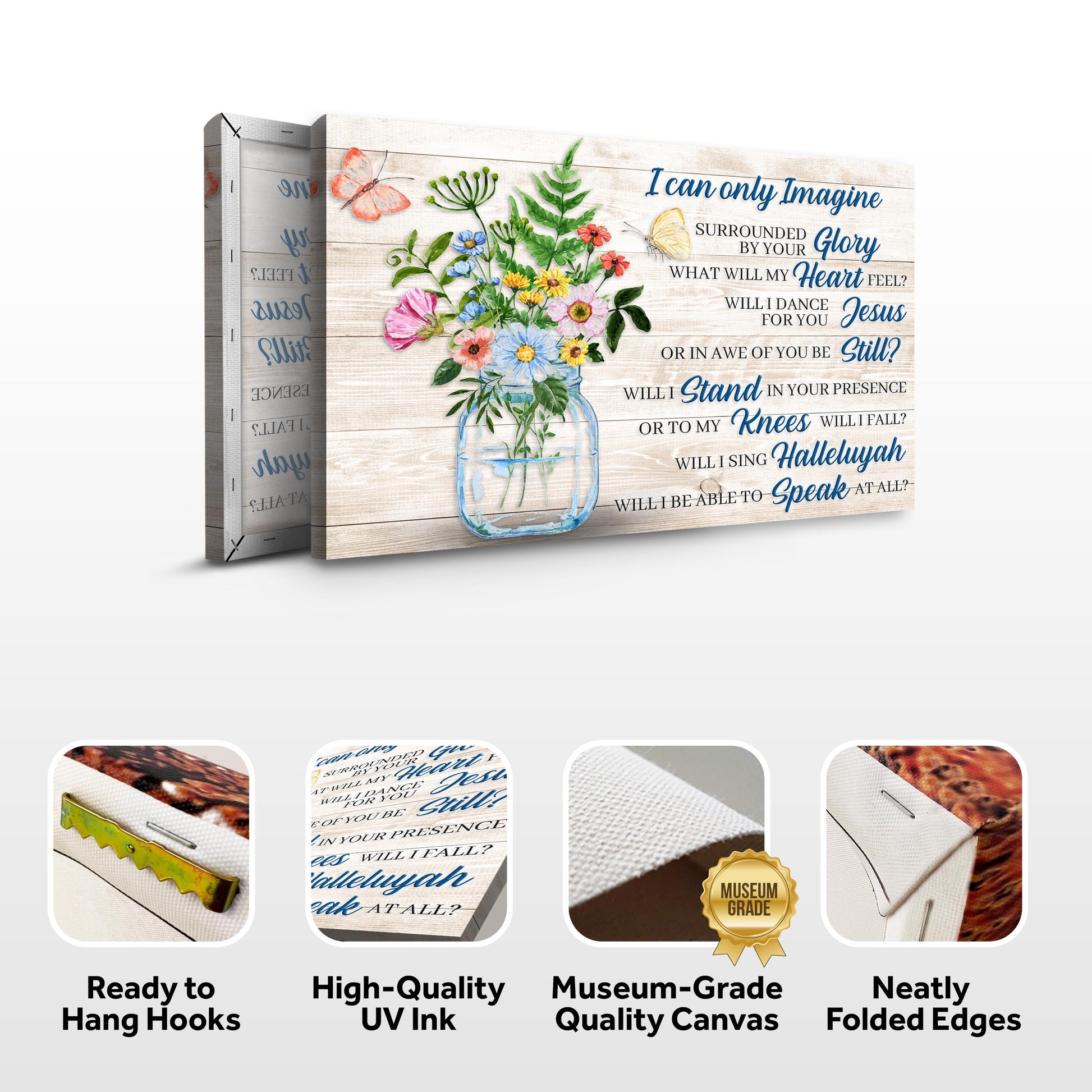 I Can Only Imagine Faith Sign IV canvas by Tailored Canvases with a vibrant bouquet in a mason jar on rustic wood on Tampa Home & Garden Store