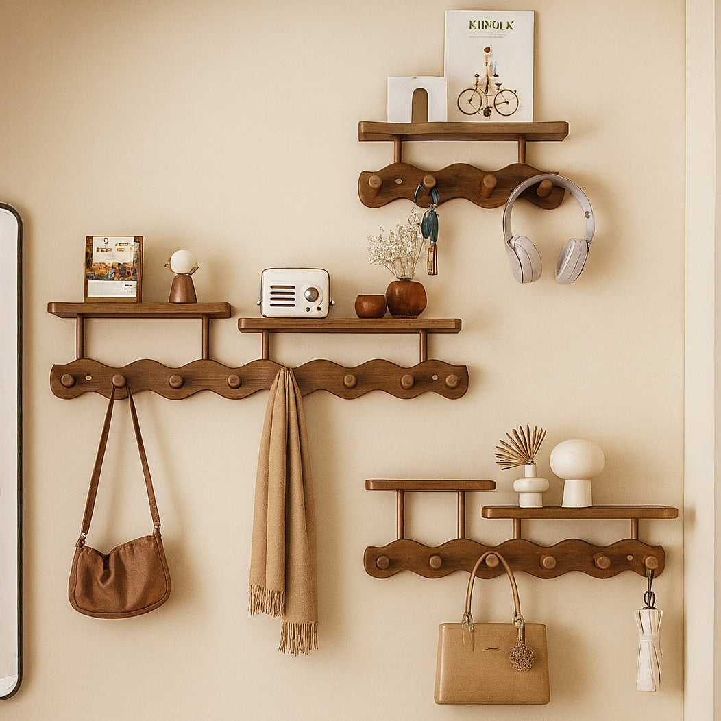 Bamboo Wall Coat Rack by Moktan Sabai with three-tier entryway shelves and hook rail, natural on Tampa Home & Garden Store