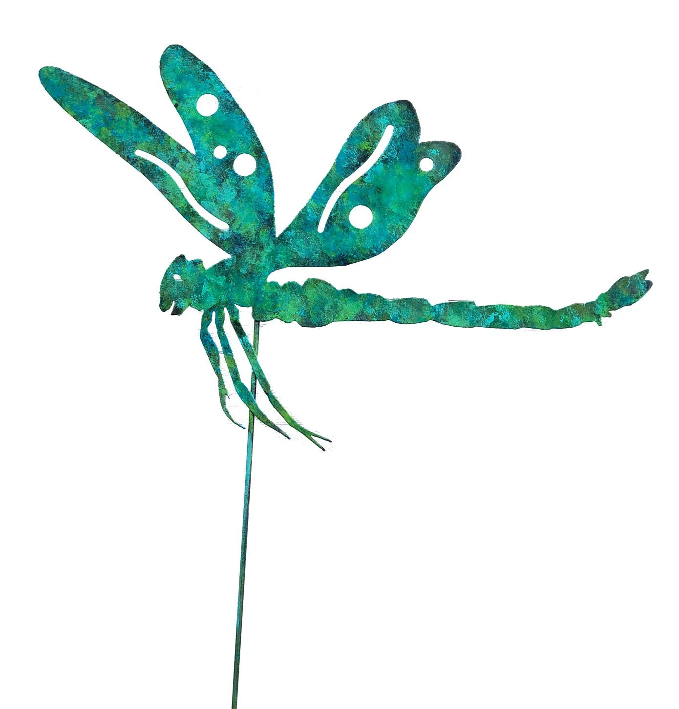 Dragonfly garden stake metal sculpture in teal patina, Rustica Ornamentals lawn ornament on Tampa Home & Garden Store