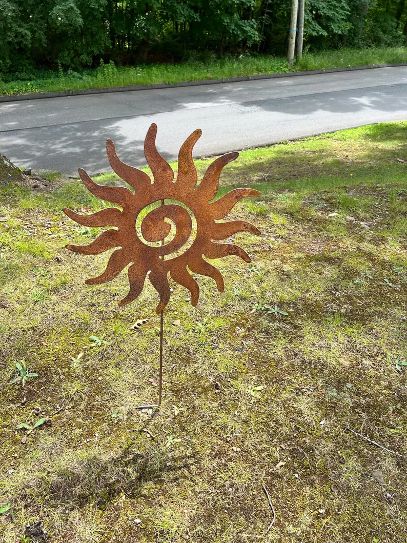 Sun metal garden stake by Rustica Ornamentals, rusted sun sculpture for lawn decor on Tampa Home & Garden Store