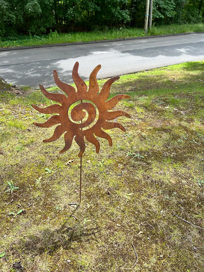 Sun metal garden stake by Rustica Ornamentals, rusted sun sculpture for lawn decor on Tampa Home & Garden Store