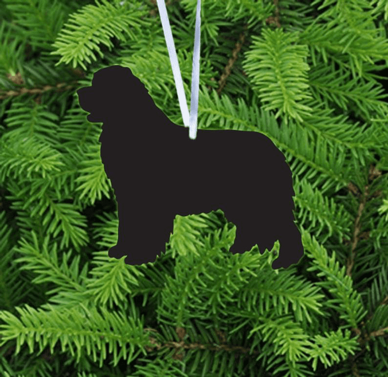 Newfoundland plant stake silhouette, black Rustica Ornamentals ornament hanging in evergreen branches on Tampa Home & Garden Store