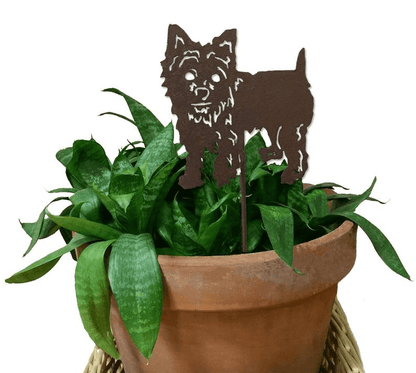 Yorkshire Terrier Plant Stake by Rustica Ornamentals, brown metal silhouette in terracotta pot on Tampa Home & Garden Store