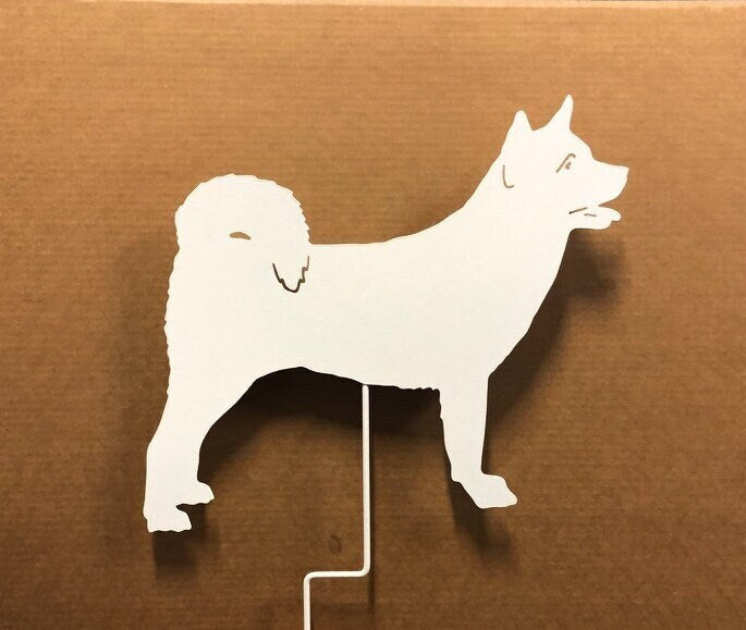 Japanese Akita garden stake white metal lawn ornament with thin stake on Tampa Home & Garden Store
