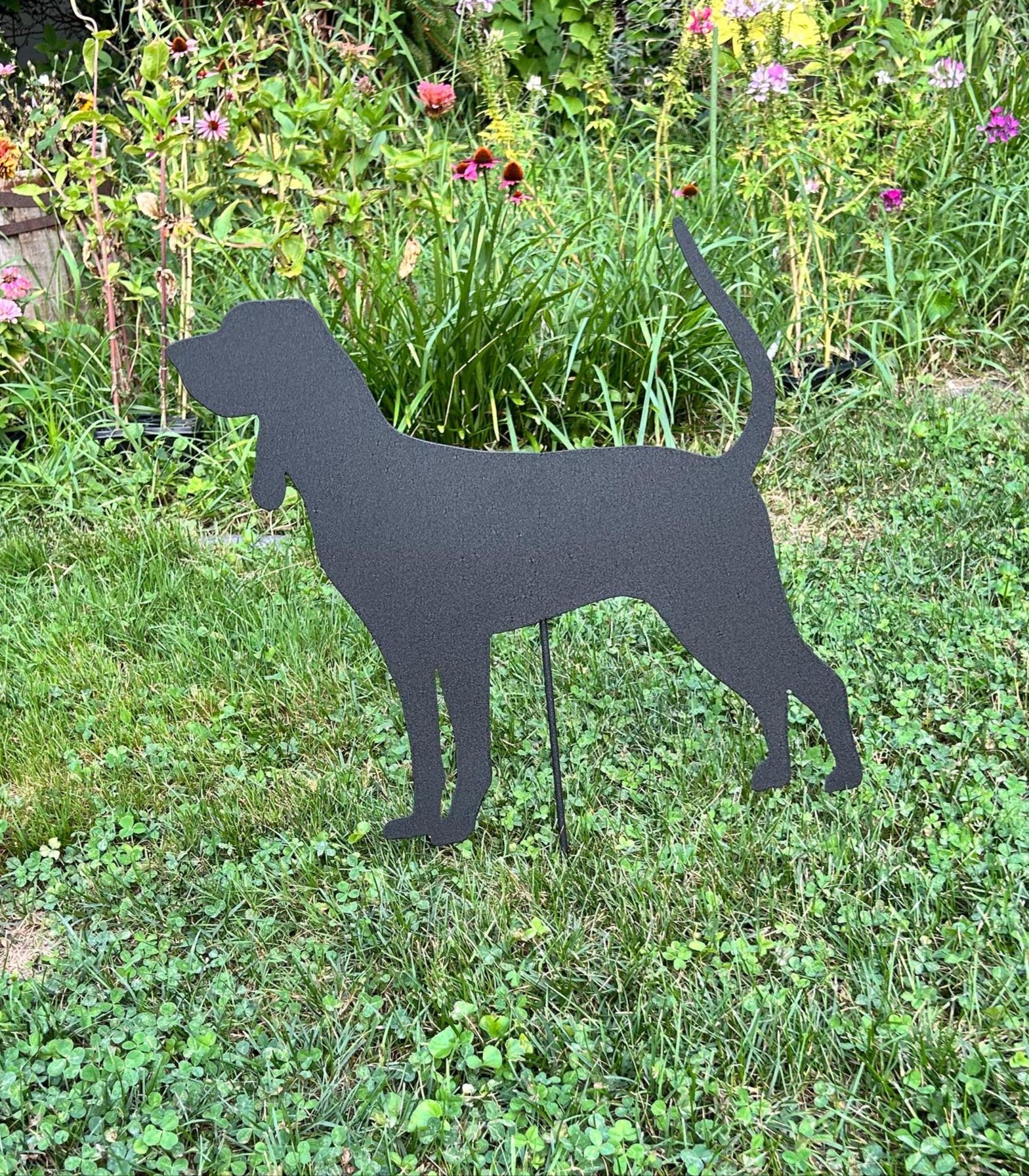 Black and Tan Coonhound garden stake by Rustica Ornamentals, metal silhouette lawn decor on Tampa Home & Garden Store