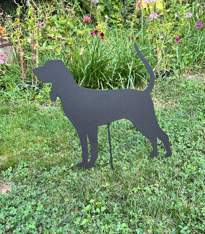 Black and Tan Coonhound garden stake by Rustica Ornamentals, metal silhouette lawn decor on Tampa Home & Garden Store