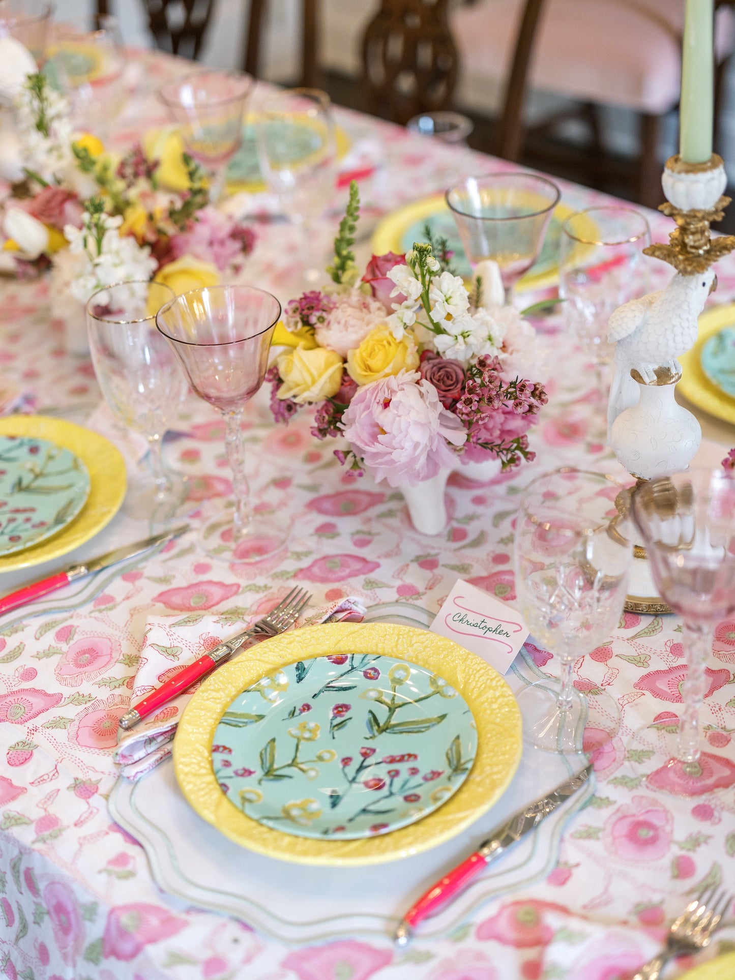 Set of Honeysuckle China Plates in turquoise floral pattern with yellow chargers Erin Donahue Tice on Tampa Home & Garden Store