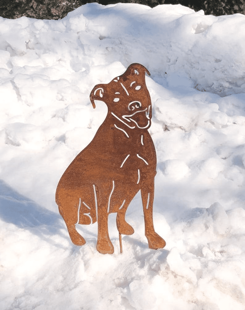 Pit Bull garden statue rusted metal silhouette with etched accents by Rustica Ornamentals on Tampa Home & Garden Store