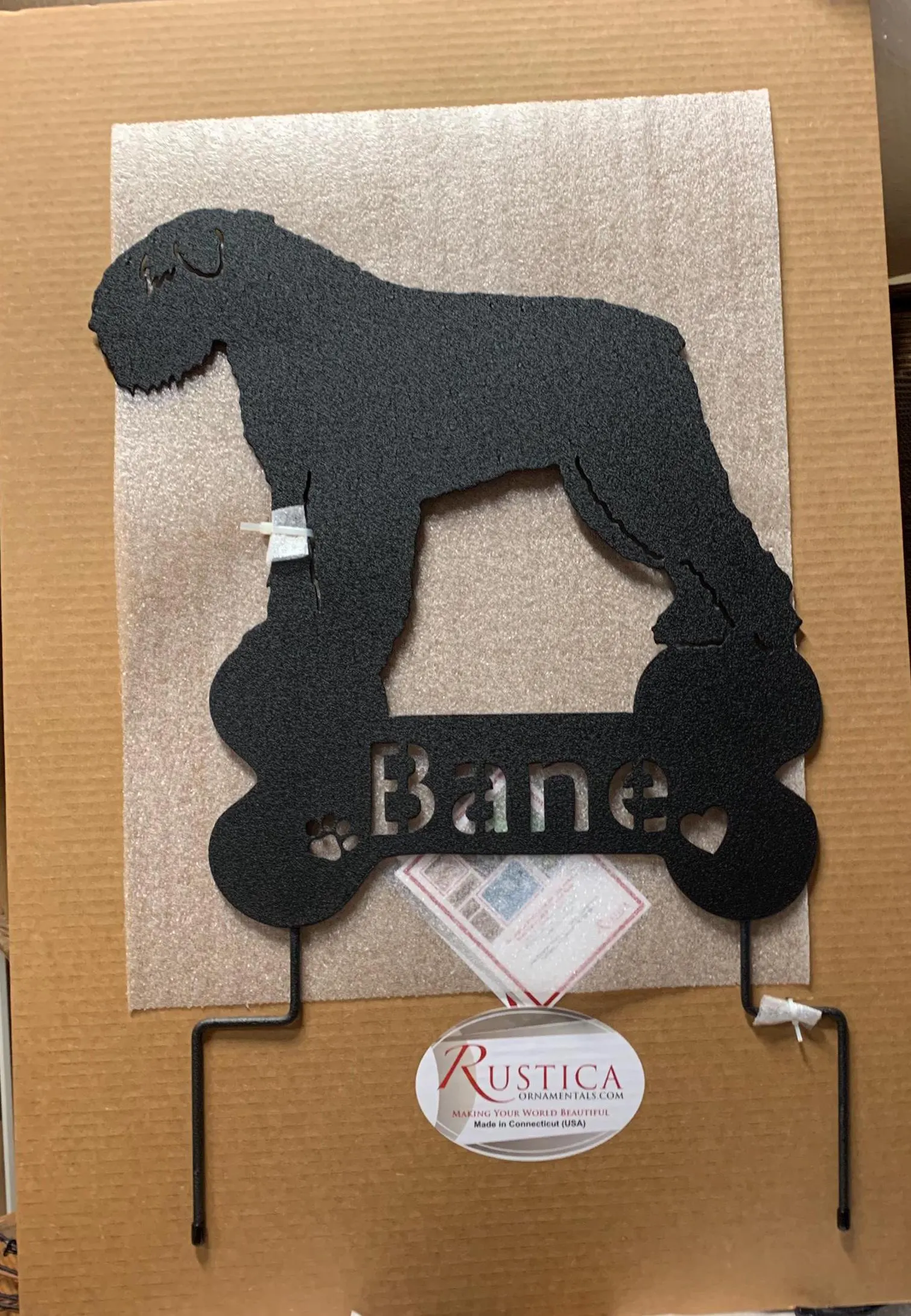 Bouvier des Flandres garden stake silhouette with two metal stakes, black iron by Rustica Ornamentals on Tampa Home & Garden Store