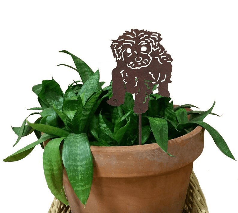 Tea Cup Poodle Plant Stake by Rustica Ornamentals, brown metal silhouette in a pot on Tampa Home & Garden Store