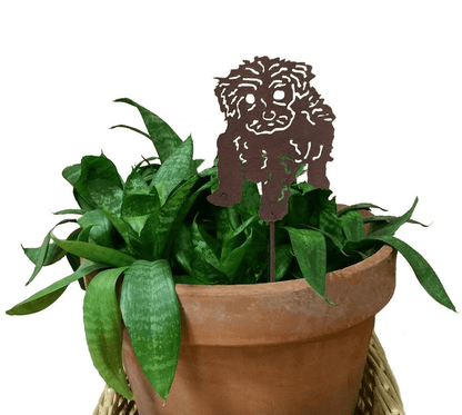 Tea Cup Poodle Plant Stake by Rustica Ornamentals, brown metal silhouette in a pot on Tampa Home & Garden Store
